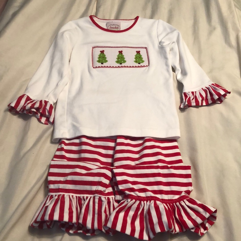Smocked pant set with Christmas Trees
